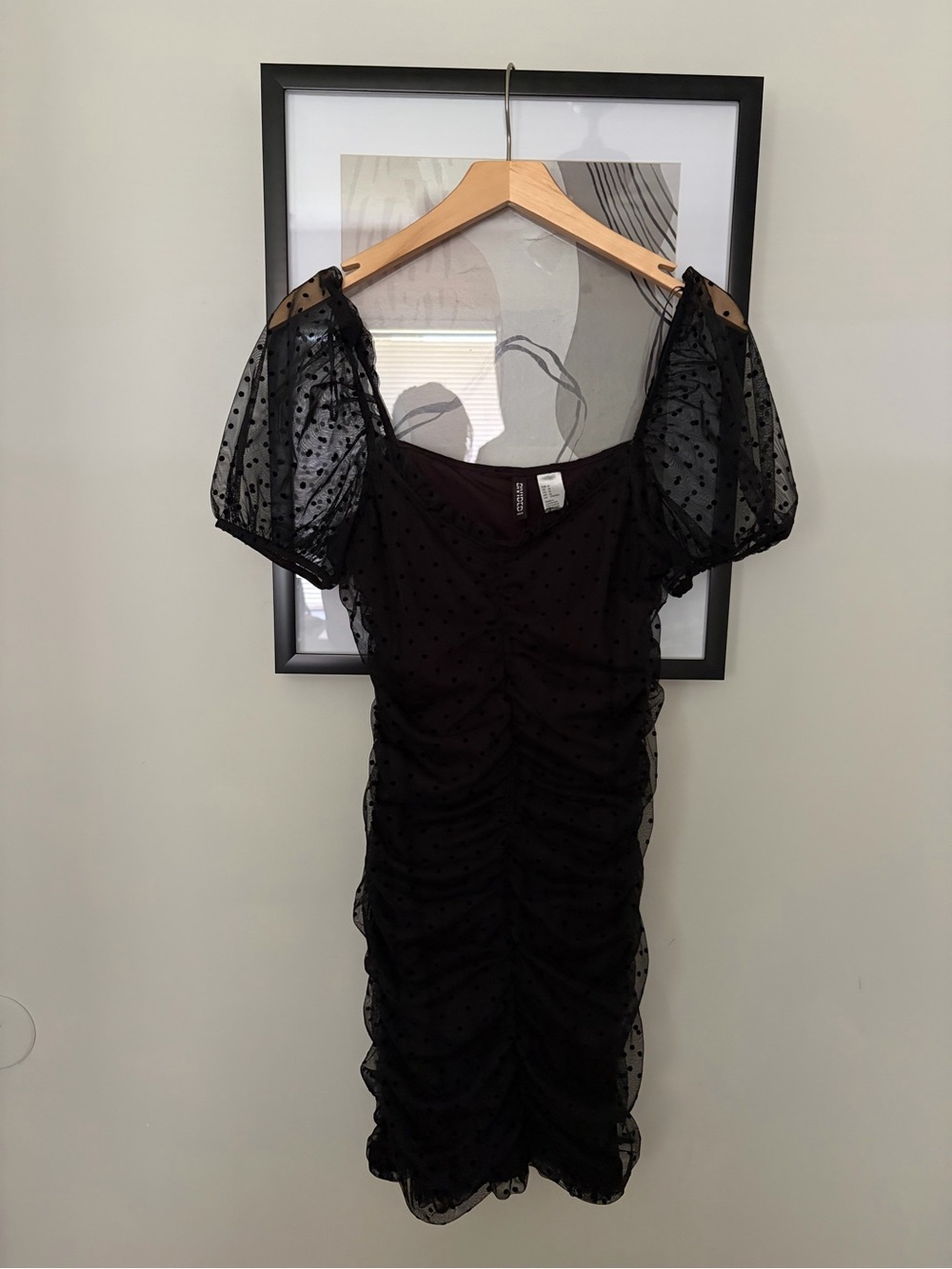 H&M Black Puff Sleeve Ruched Mesh Mini Dress